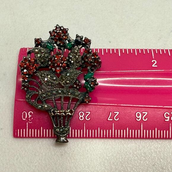 Vintage Sterling Brooch Pendant Flower Basket Marcasite-Garnet-Green Quartz Pin - Picture 15 of 15